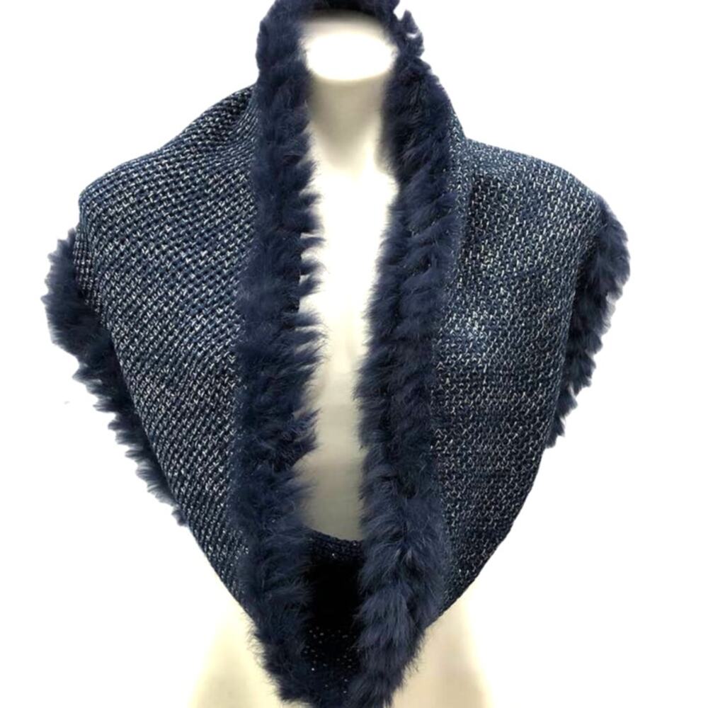 La Fiorentina Rabbit Trim Infinity Muffler OS Navy Lurex Knit NWT